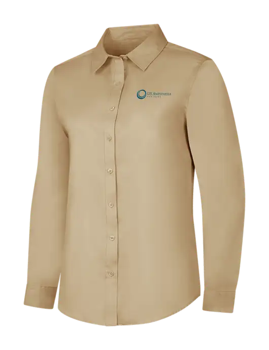 Dark Tan Womens Long Sleeve Superpro React Twill Shirt w/US Anesthesia Partners Logo
