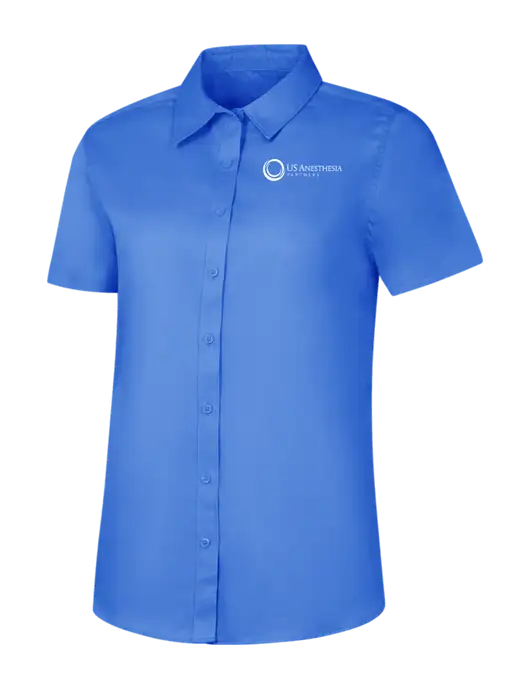 Womens Dark Carolina Blue Short Sleeve Superpro React Twill Shirt w/US Anesthesia Partners Logo