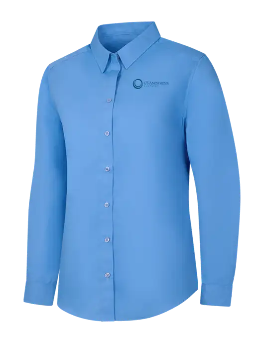 Womens Carolina Blue Long Sleeve Carefree Poplin Shirt w/US Anesthesia Partners Logo