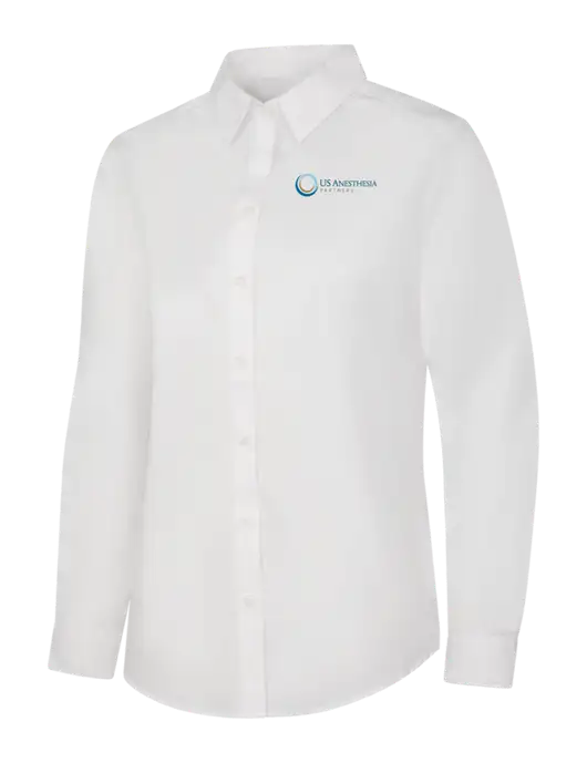 Womens White Long Sleeve Carefree Poplin Shirt w/US Anesthesia Partners Logo