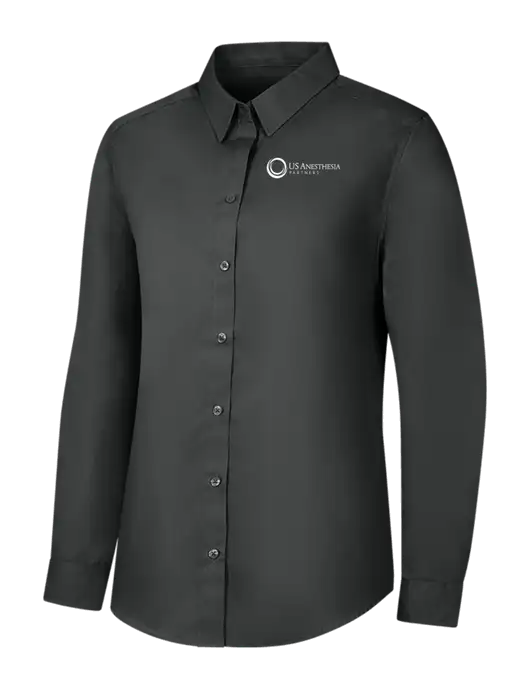 Womens Dark Grey Long Sleeve Carefree Poplin Shirt w/US Anesthesia Partners Logo