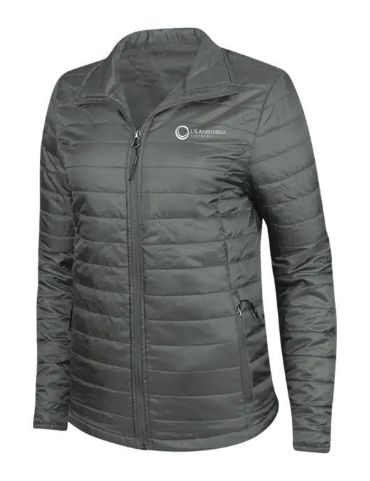 Dark Grey Womens Puffy Packable Jacket w/US Anesthesia Partners Logo