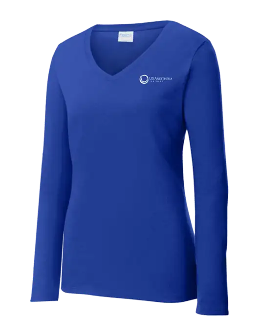 Womens  V-Neck Ring Spun Royal 4.5 oz Long Sleeve T-Shirt w/US Anesthesia Partners Logo