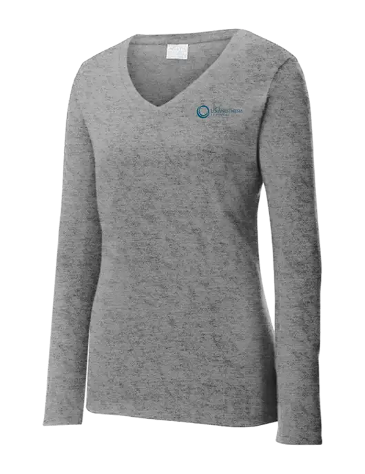 Womens  V-Neck Ring Spun Grey Heather 4.5 oz Long Sleeve T-Shirt w/US Anesthesia Partners Logo