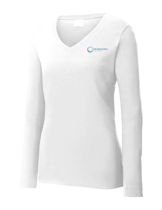 Womens  V-Neck Ring Spun White 4.5 oz Long Sleeve T-Shirt w/US Anesthesia Partners Logo