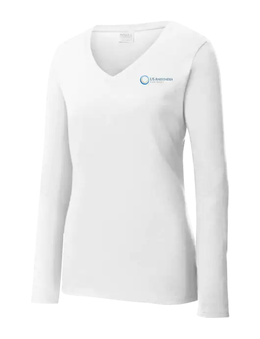 Womens  V-Neck Ring Spun White 4.5 oz Long Sleeve T-Shirt w/US Anesthesia Partners Logo