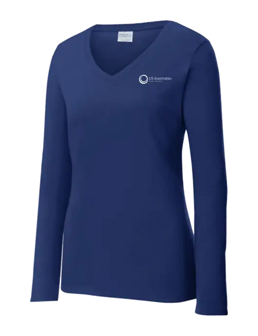 Womens  V-Neck Ring Spun Navy 4.5 oz Long Sleeve T-Shirt w/US Anesthesia Partners Logo