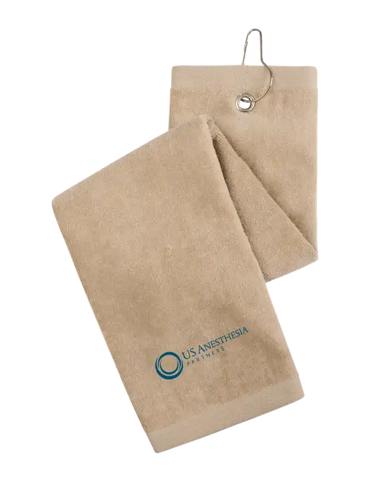 Khaki Tri-Fold Golf Towel with Grommet w/US Anesthesia Partners Logo