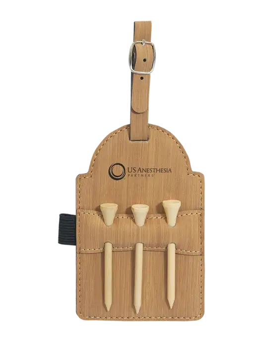 Bamboo Leatherette Golf Bag Tag with 3 Wooden Tees w/US Anesthesia Partners Logo