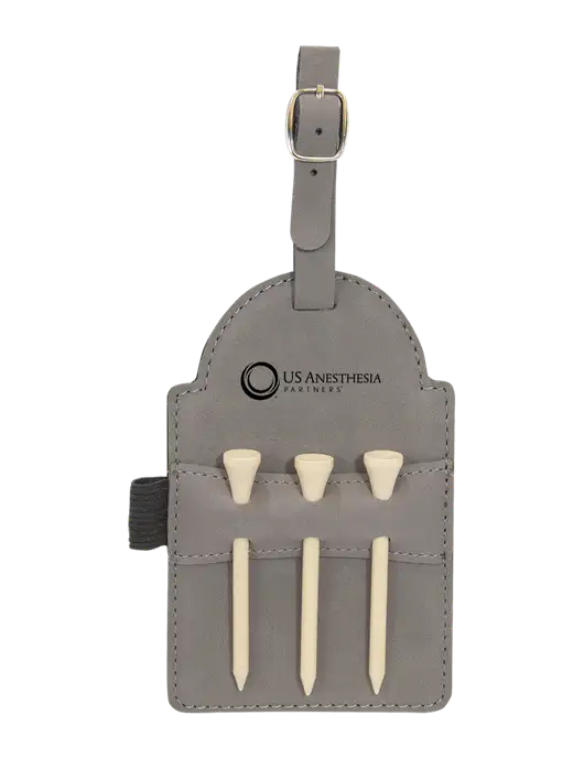 Grey Leatherette Golf Bag Tag with 3 Wooden Tees w/US Anesthesia Partners Logo
