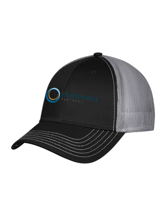Black/Medium Dark Grey Mesh Trucker Cap Snap Back w/US Anesthesia Partners Logo