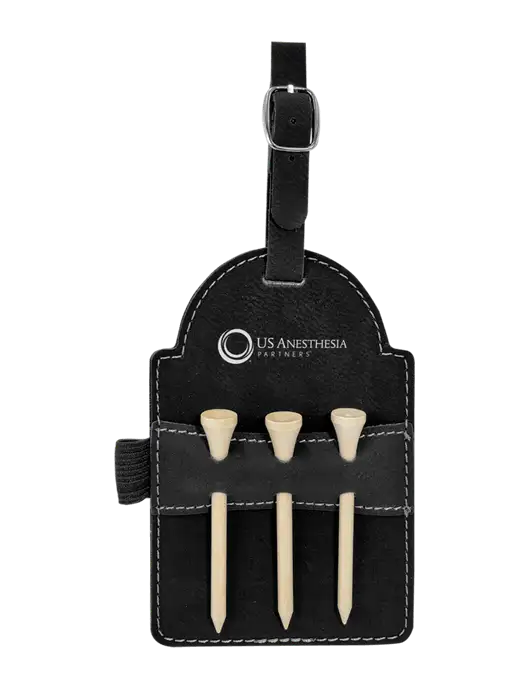 Black Leatherette Golf Bag Tag with 3 Wooden Tees w/US Anesthesia Partners Logo