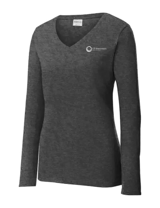 Womens  V-Neck Ring Spun Dark Heather Grey 4.5 oz Long Sleeve T-Shirt w/US Anesthesia Partners Logo