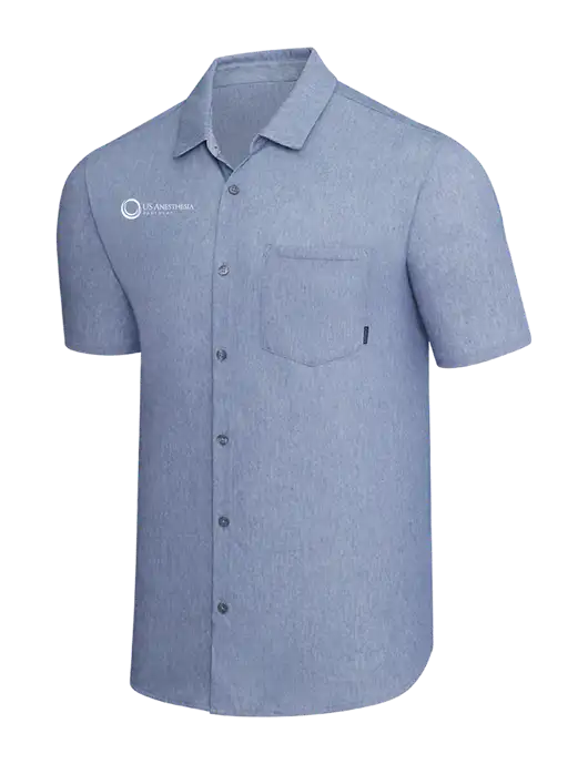 OGIO Slate Blue Heather Extend Short Sleeve Button Up Shirt w/US Anesthesia Partners Logo