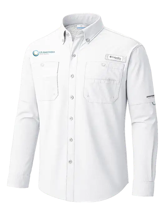 Columbia White PFG Tamiami II Long SleeveShirt w/US Anesthesia Partners Logo