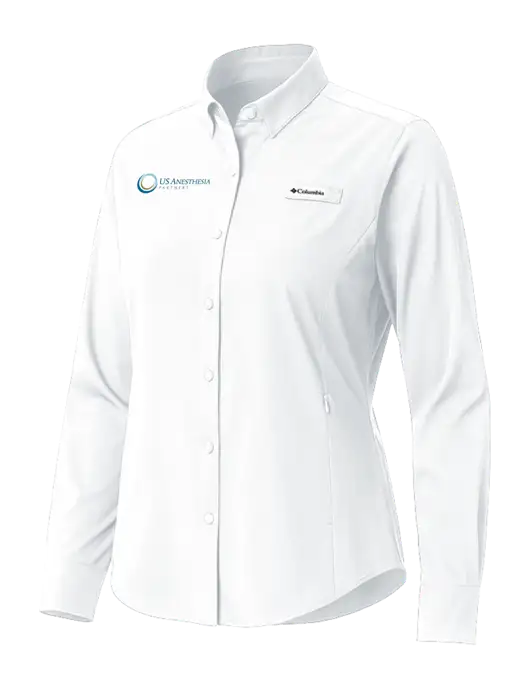 Columbia White Womens PFG Tamiami II Long Sleeve Shirt w/US Anesthesia Partners Logo