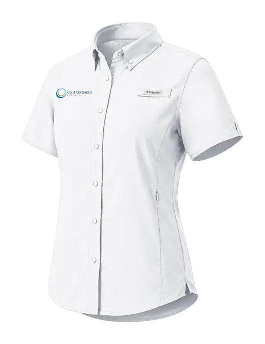 Columbia White Womens PFG Tamiami II Short Sleeve Shirt w/US Anesthesia Partners Logo