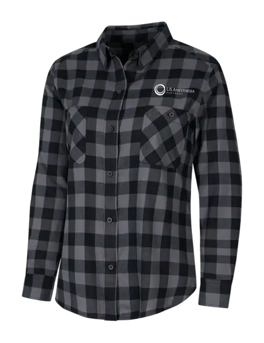 Womens Medium Grey/Black Buffalo Check Plaid Flannel Shirt w/US Anesthesia Partners Logo
