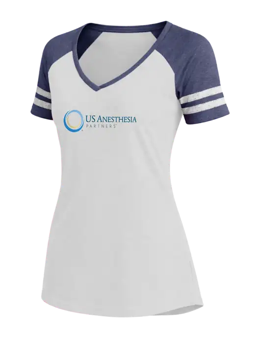 Womens White/Navy Heather V-Neck Game Tee w/US Anesthesia Partners Logo