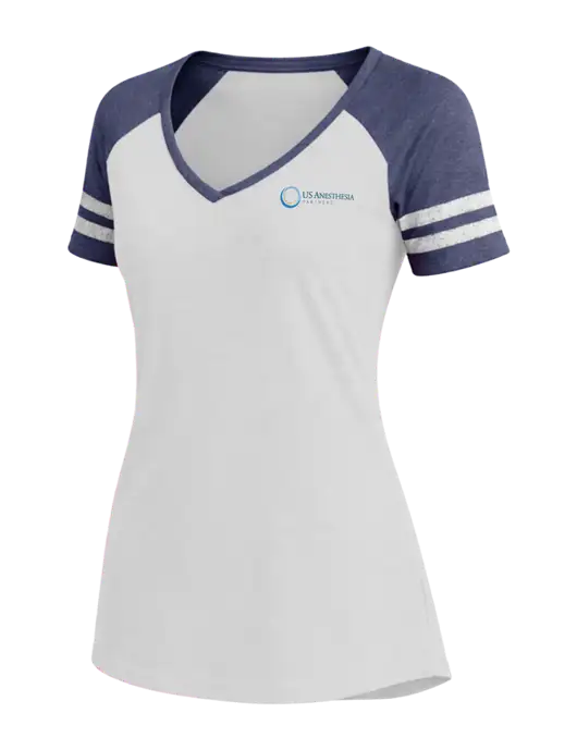 Womens White/Navy Heather V-Neck Game Tee w/US Anesthesia Partners Logo