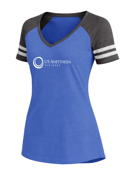 Womens Royal Heather/Charcoal Heather V-Neck Game Tee w/US Anesthesia Partners Logo