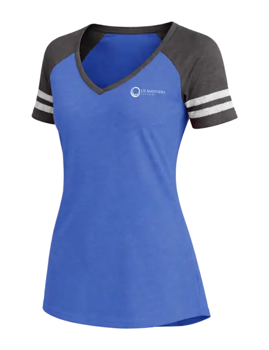 Womens Royal Heather/Charcoal Heather V-Neck Game Tee w/US Anesthesia Partners Logo