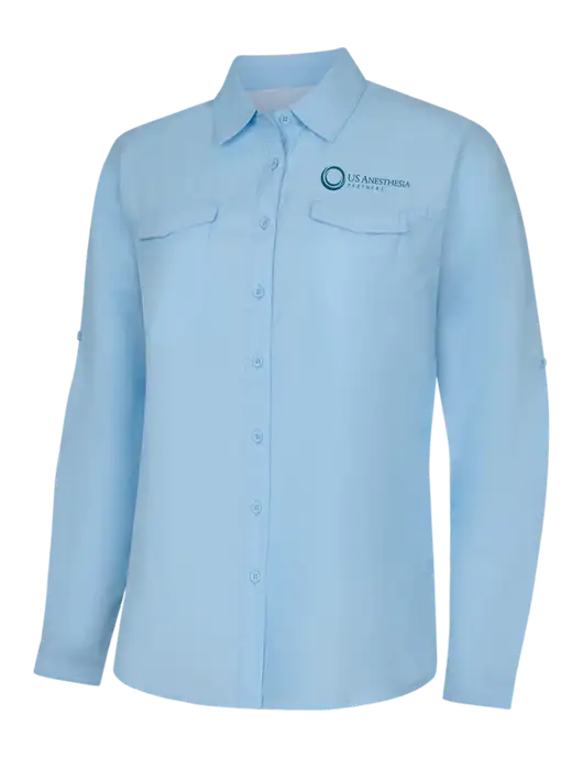 Womens Light Blue Long Sleeve UV Daybreak Shirt w/US Anesthesia Partners Logo