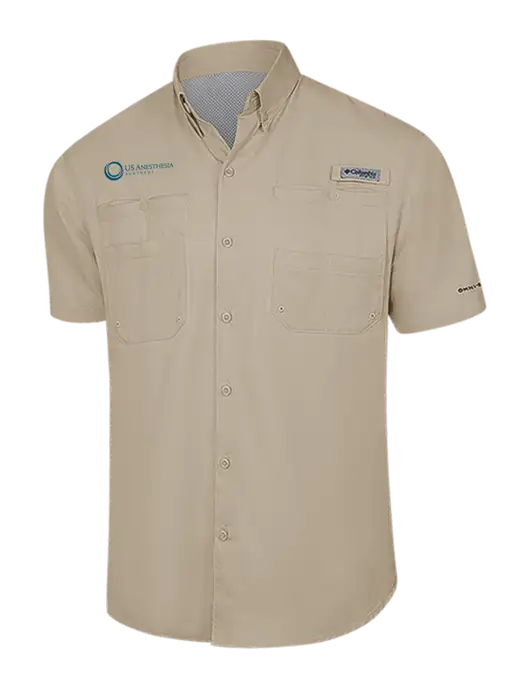 Columbia Tan PFG Tamiami II Short Sleeve Shirt w/US Anesthesia Partners Logo