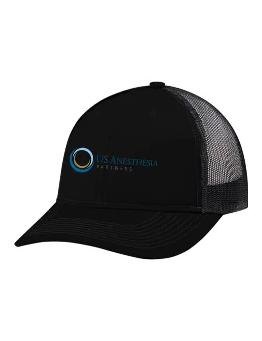 Snapback Ponytail Trucker Cap Black w/Black Mesh w/US Anesthesia Partners Logo