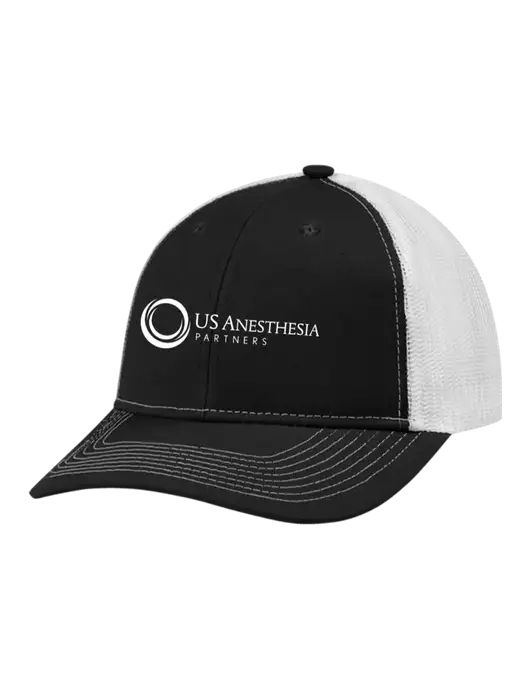 Snapback Ponytail Trucker Cap Black w/White Mesh w/US Anesthesia Partners Logo