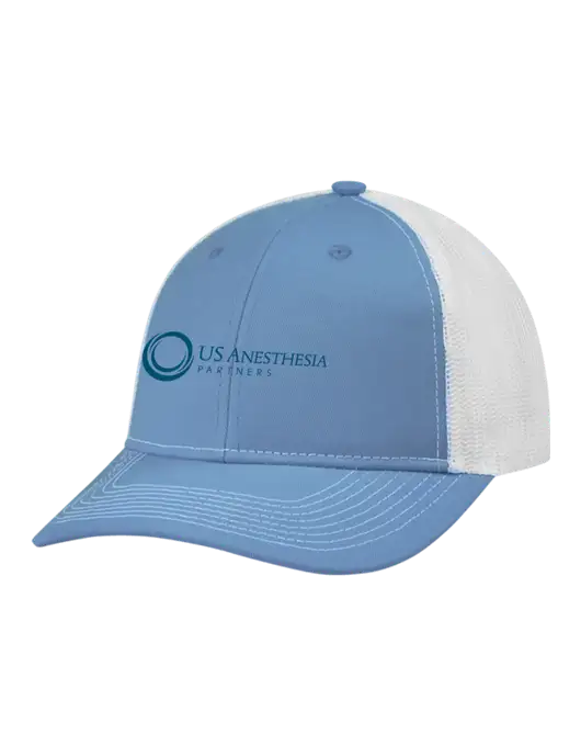 Snapback Ponytail Trucker Cap Carolina Blue w/White Mesh w/US Anesthesia Partners Logo