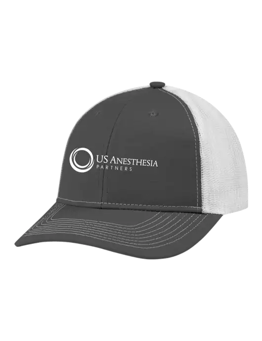 Snapback Ponytail Trucker Cap Dark Grey w/White Mesh w/US Anesthesia Partners Logo