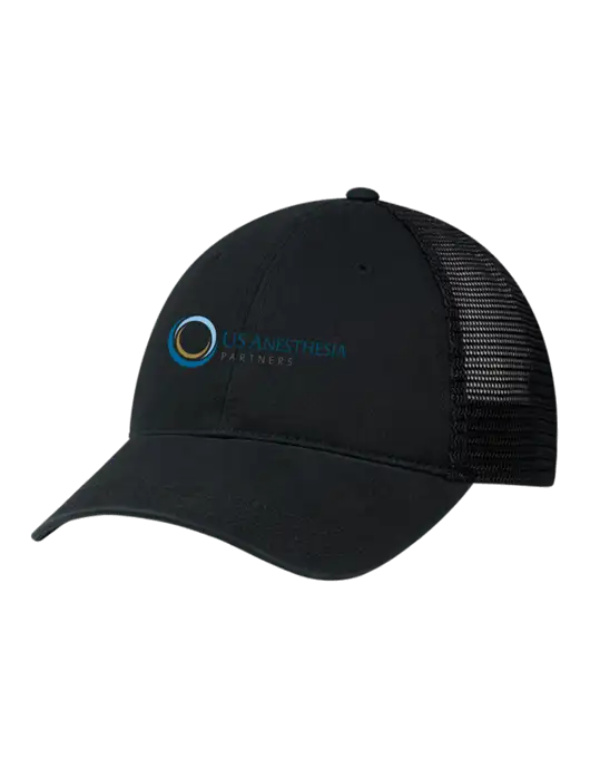 Richardson 111 Garment Washed Trucker Cap Black w/Black Mesh w/US Anesthesia Partners Logo