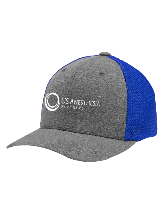 Flexfit Royal/Medium Grey Heather Melange Mesh Back Trucker Cap w/US Anesthesia Partners Logo