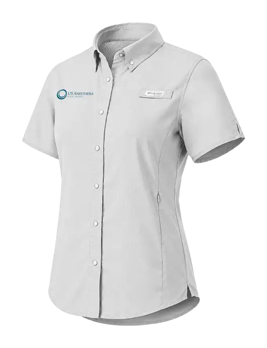 Columbia Grey Womens PFG Tamiami II Short Sleeve Shirt w/US Anesthesia Partners Logo