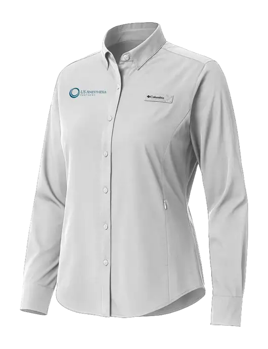 Columbia Grey Womens PFG Tamiami II Long Sleeve Shirt w/US Anesthesia Partners Logo
