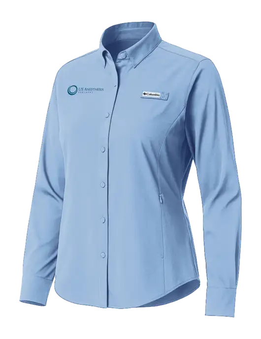 Columbia Light Blue Womens PFG Tamiami II Long Sleeve Shirt w/US Anesthesia Partners Logo