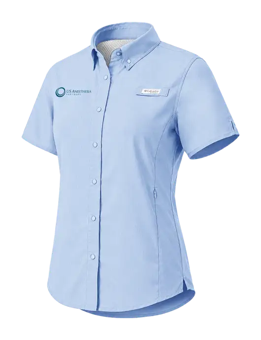 Columbia Light Blue Womens PFG Tamiami II Short Sleeve Shirt w/US Anesthesia Partners Logo