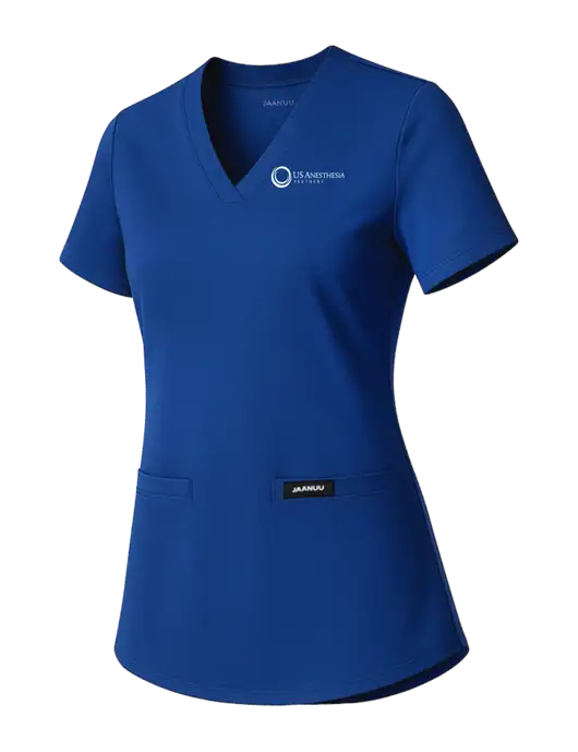 Jaanuu Womens Royal Blue Cesi Ultrasoft Scrub V-Neck Top w/US Anesthesia Partners Logo