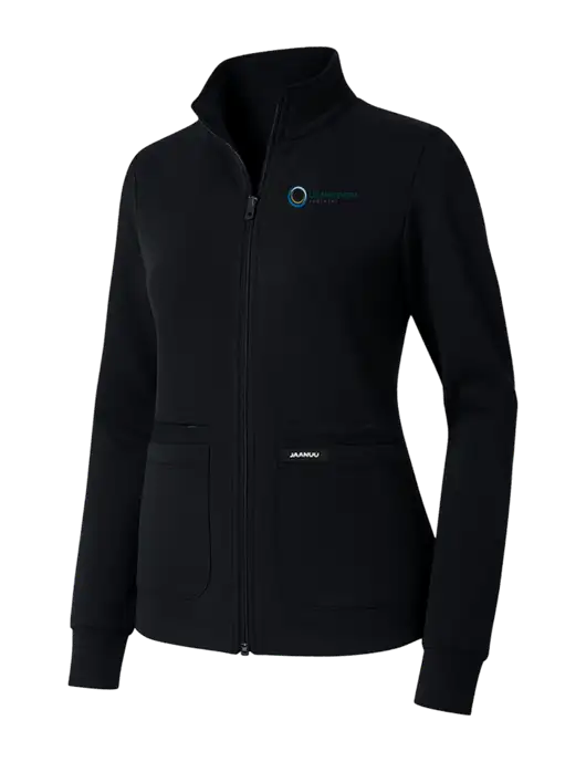 Jaanuu Womens Ceri Essential Black Full-Zip 6-Pocket Scrub Jacket w/US Anesthesia Partners Logo