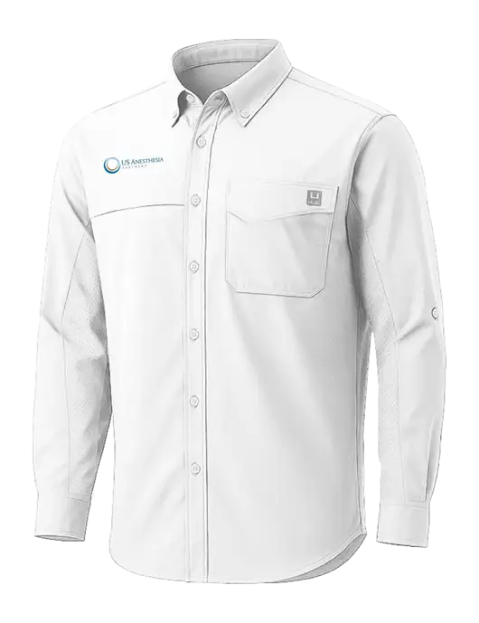 HUK White Tide Point Pocket Long Sleeve Fishing Shirt w/US Anesthesia Partners Logo