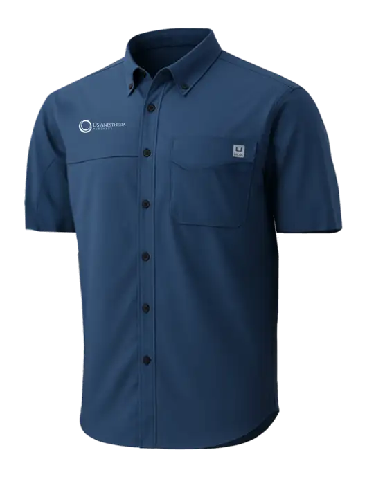 HUK Navy Tide Point Short Sleeve Shirt w/US Anesthesia Partners Logo