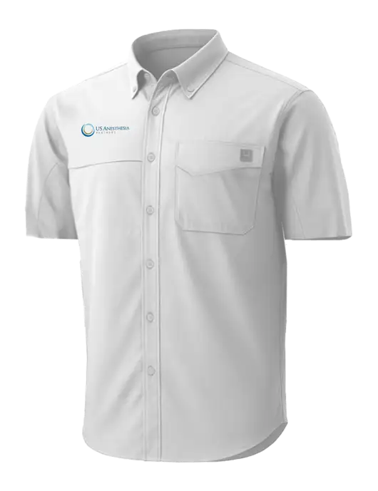 HUK White Tide Point Short Sleeve Shirt w/US Anesthesia Partners Logo