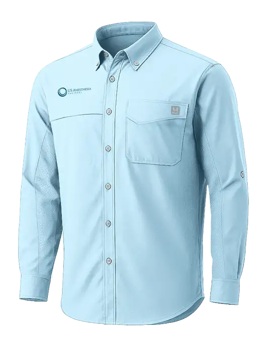 HUK Light Blue Tide Point Pocket Long Sleeve Fishing Shirt w/US Anesthesia Partners Logo