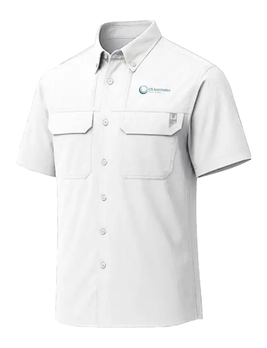 HUK White Creekbed Short Sleeve Shirt w/US Anesthesia Partners Logo