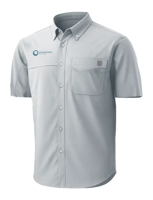 HUK Light Grey Tide Point Short Sleeve Shirt w/US Anesthesia Partners Logo