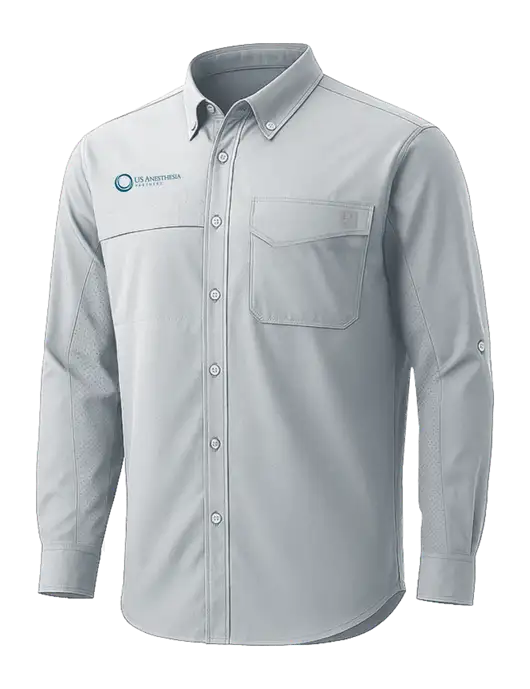HUK Light Grey Tide Point Pocket Long Sleeve Fishing Shirt w/US Anesthesia Partners Logo