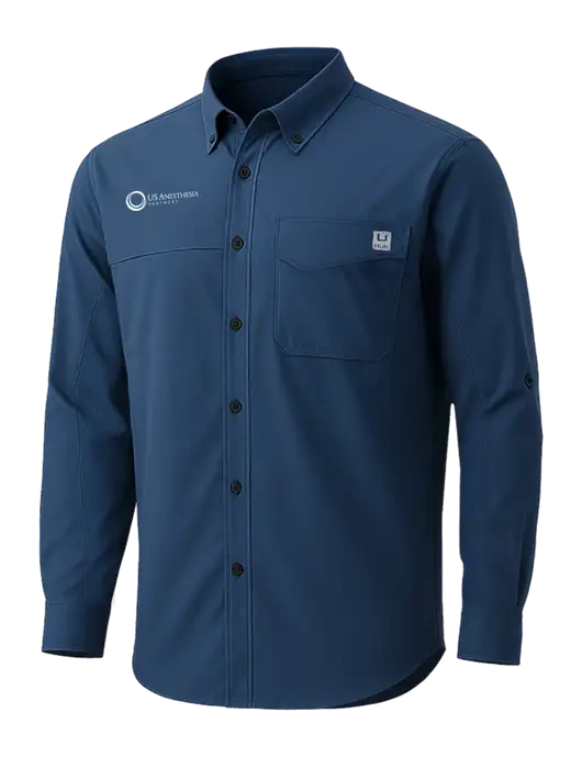 HUK Navy Tide Point Pocket Long Sleeve Fishing Shirt w/US Anesthesia Partners Logo