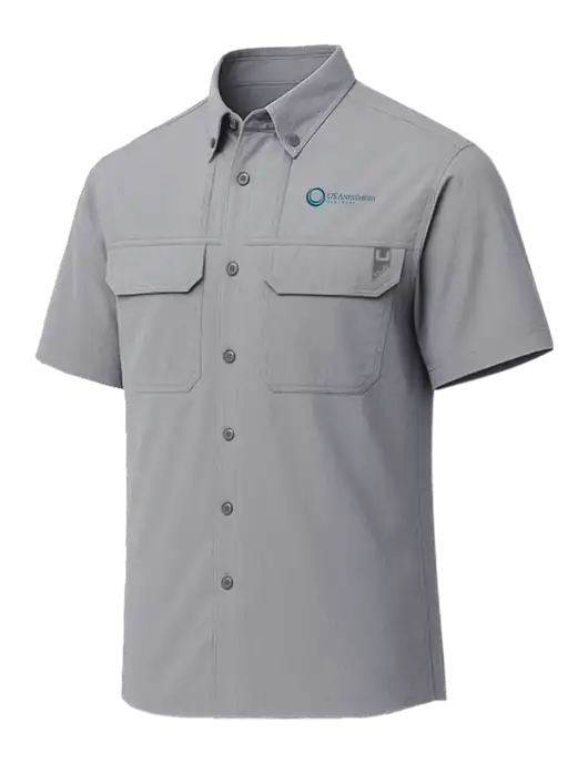 HUK Light Medium Grey Creekbed Short Sleeve Shirt w/US Anesthesia Partners Logo