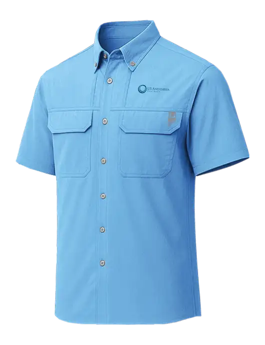 HUK Light Blue Creekbed Short Sleeve Shirt w/US Anesthesia Partners Logo